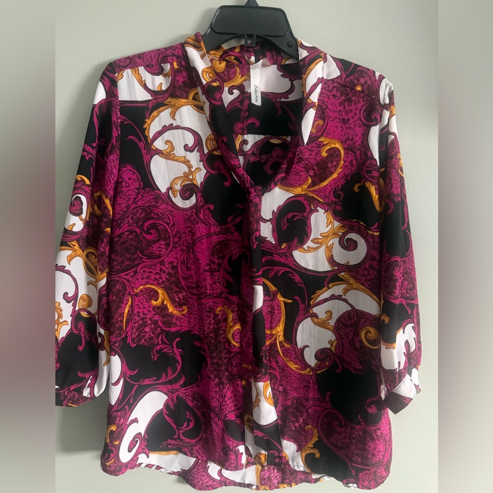 NY Collection Pink/Gold Swirls 3/4 sleeve Tie neck Career blouse L